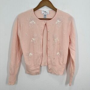 Vintage Delicate Lambswool Pink Beaded Sequin Cardigan Sweater Women's Size L